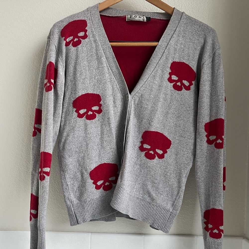 POL Gray and Red Skull Cardigan Sweater